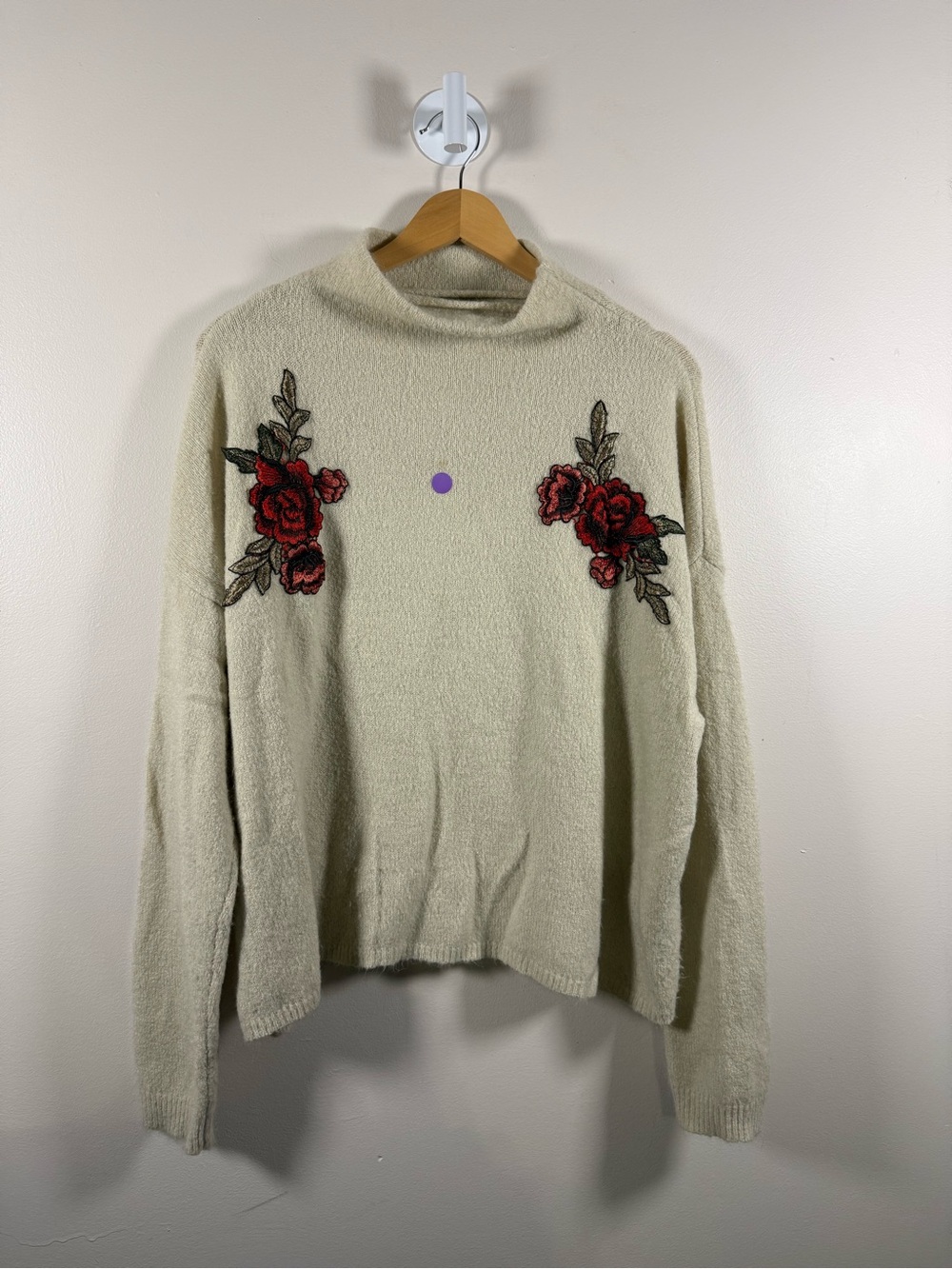 Cream Mock Neck Sweater with Red Rose Embroidery